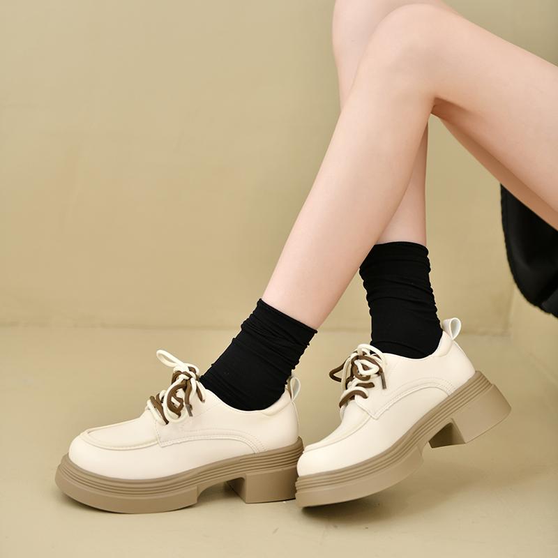 Spring New Women's Round Toe Thick Bottom Versatile Black Flats Uk Style Increase Heel Single Shoes Japanese Style