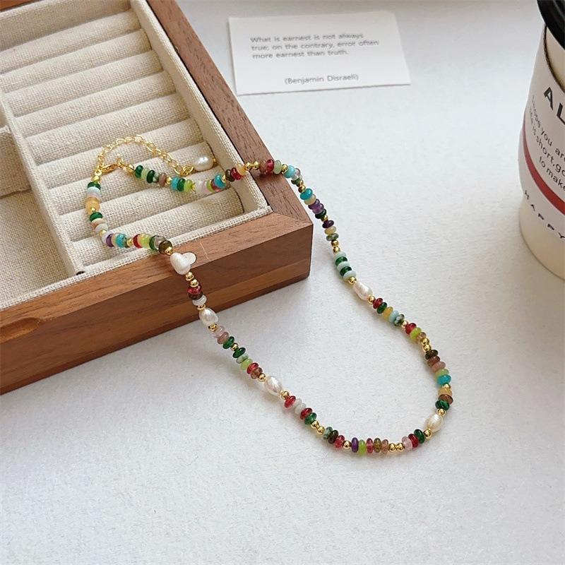 Natural Stone Necklace for Women. Colorful Glass Bead Sweater Style. Light Luxury, Niche, Versatile and High-end Collar Chain.