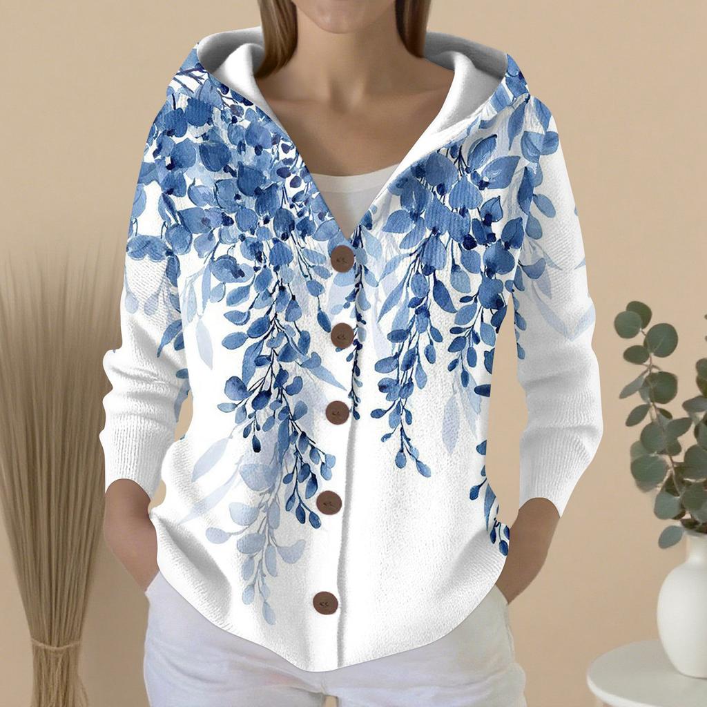 Women's Fashion Casual Sweater Button-Up Print Cardigan  Hooded Jacket