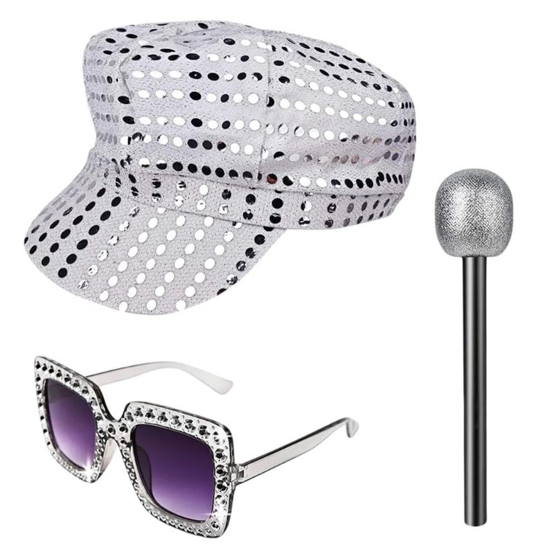 1970s Disco Costume Accessories, Bling Sunglasses Earrings Long Scarf Hat Headband Bracelet 70s Disco Fancy Dress Set