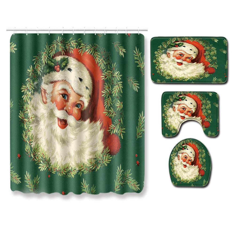 Christmas Shower Curtain Floor Mat Combination Four-Piece Set Bathroom Toilet Carpet Shower Room Mat Foot Mat