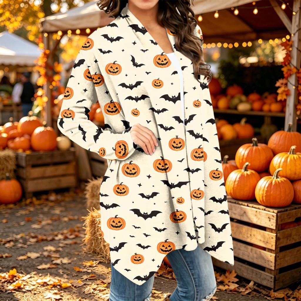 Damen Trendy Halloween-Print Langarm-Strickjacke Pullover für Lässige Herbstmode