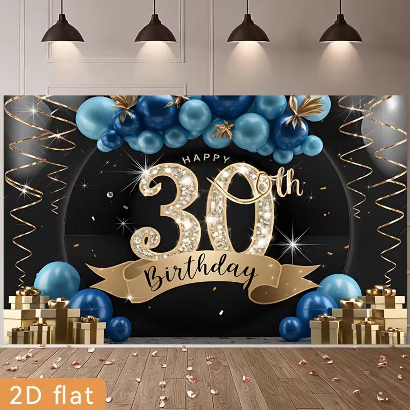 2D 30th Birthday Photography Backdrop Black Background with Gold Number and Blue Balloons