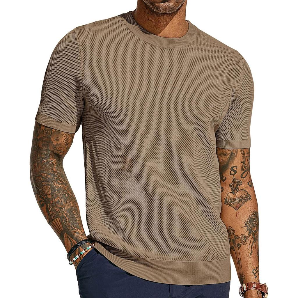 Men's Summer T-shirt Knitted European And American Retro Style Round Neck Long Sleeved Shirt