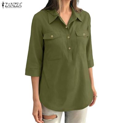 Women Casual Turn Down Collar 3/4 Sleeve Loose Blouse