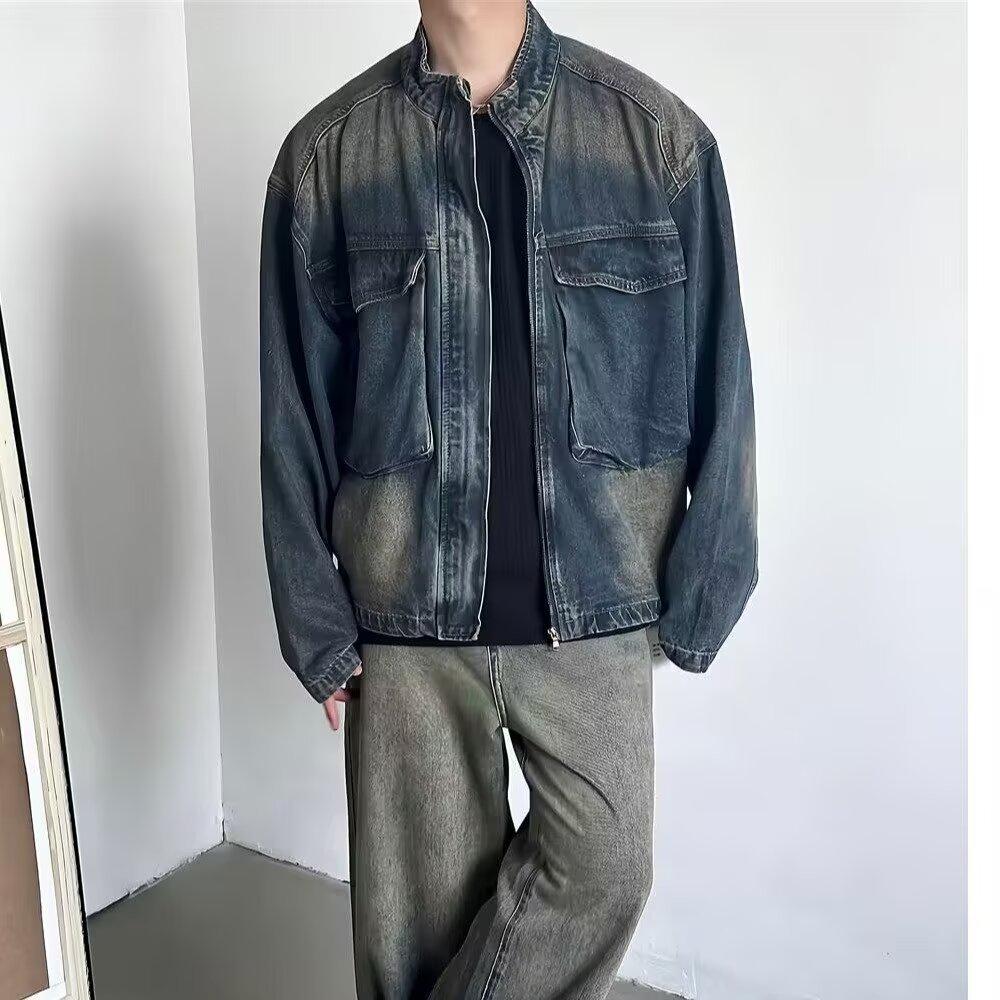 Nostalgic Blue Retro Denim Jacket - Men's Loose Fit with Large Pockets and Stand Collar for Spring & Autumn