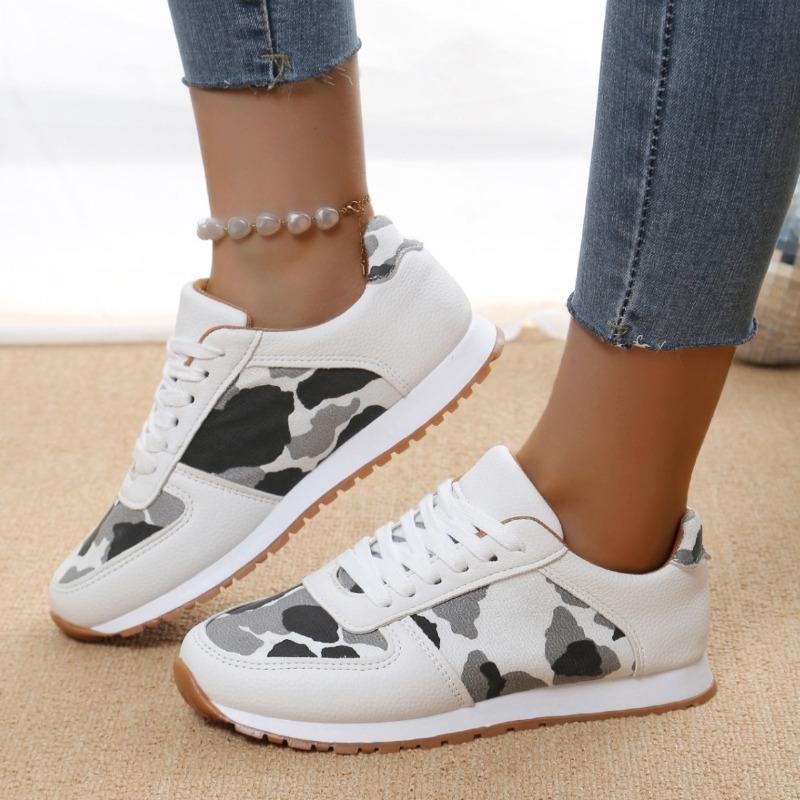 Leopard Print Casual Single Shoes Round Toe Platform Color-Block Low Top Sneakers