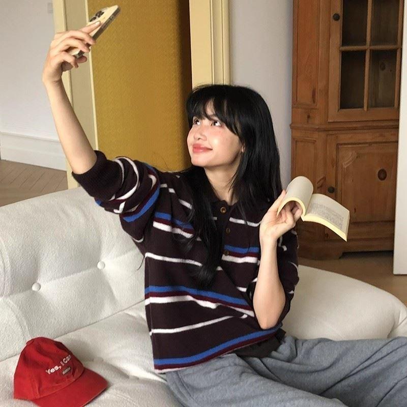 

Autumn and winter new long-sleeved lo-neck casual contrasting striped knitted sweater jacket retro sweater top average size [recommended 80-60kg]