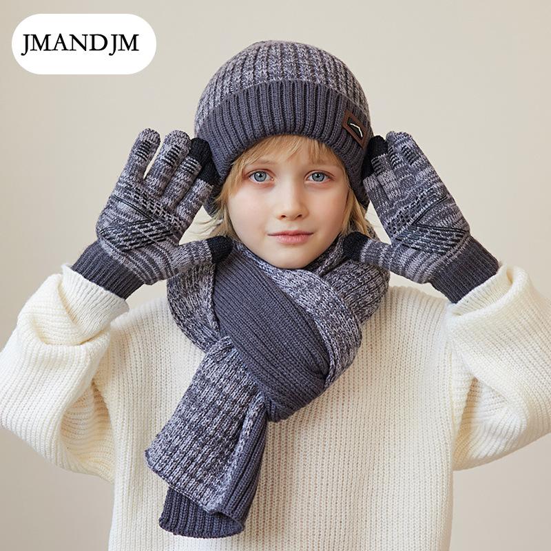 Children's Hat Scarf Gloves Three-piece Winter Boys Outdoor Warm Fleece Knitted Wool Hat