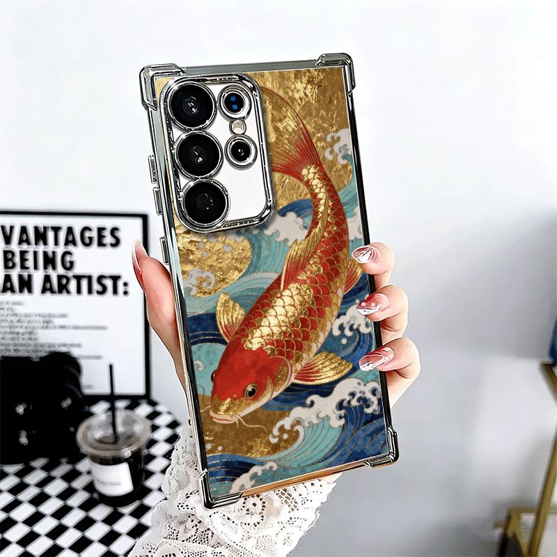 Golden Carp Lucky Koi Plating Phone Case For Samsung Galaxy S24 S25 FE S26 Edge S23 Ultra S22 S21 Plus S20 Anti-Fall Airabag Cov