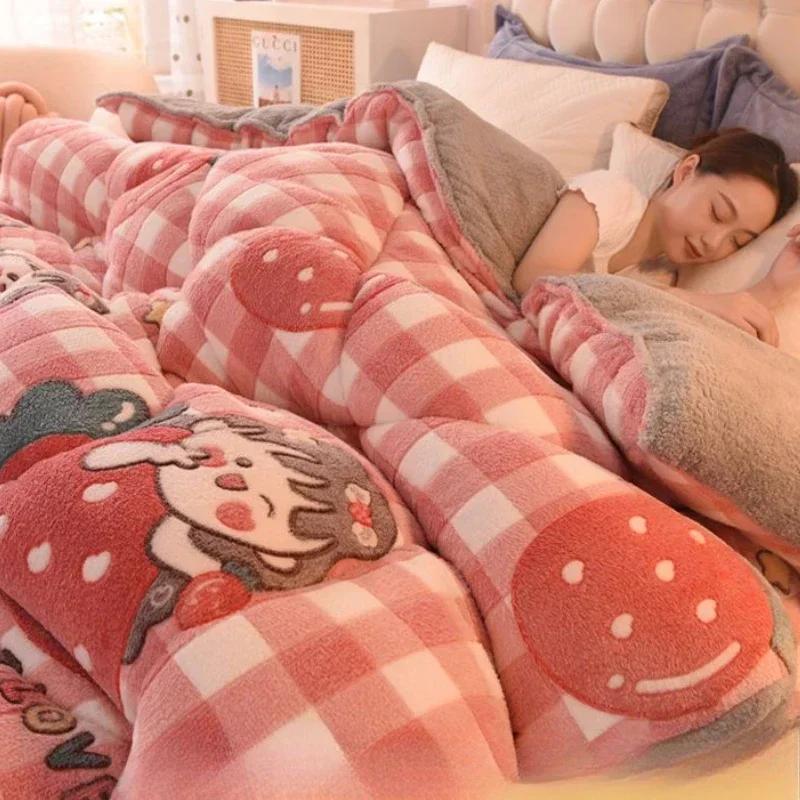 Double Sided Velvet Thickened and Encrypted Winter Quilt Soft and Skin Friendly Lamb Wool Winter Duvet Breathable Single Blanket