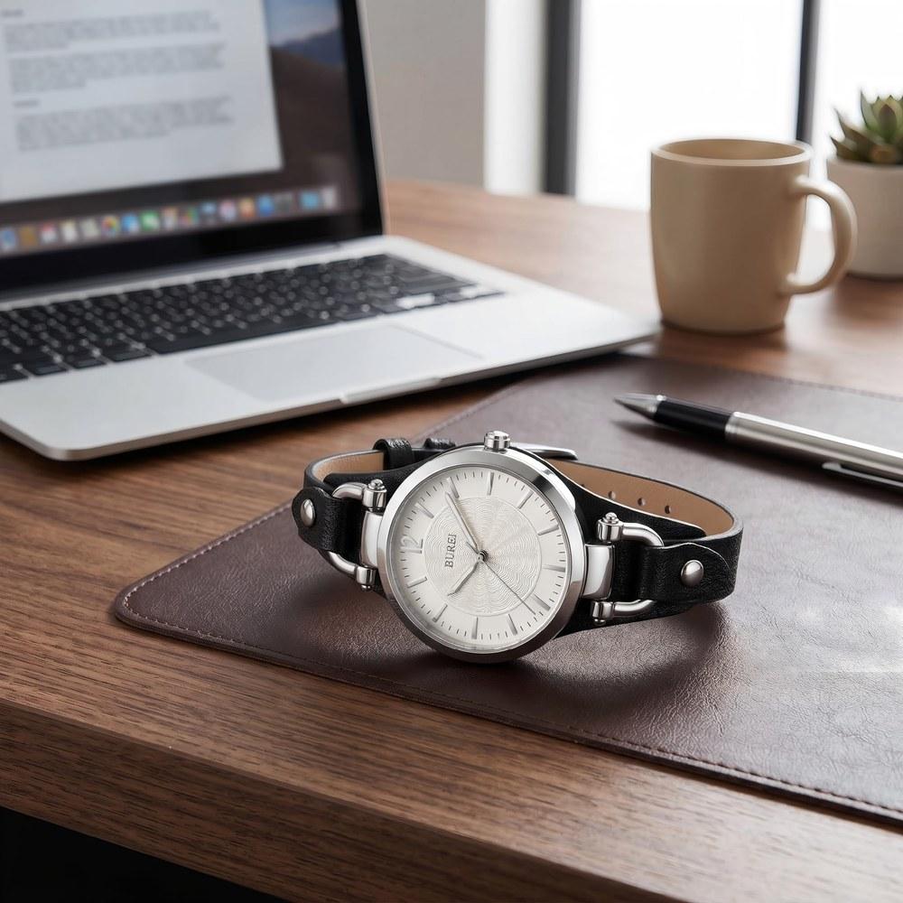 BUREI Women's Watch Silver Japan Quartz Waterproof Slim Black Leather Belt