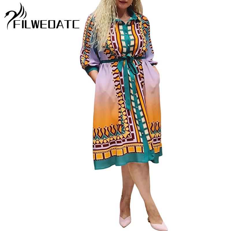 

Осеннее элегантное женское платье большого размера с воротником-рубашкой с принтом и боковым карманом 5XL