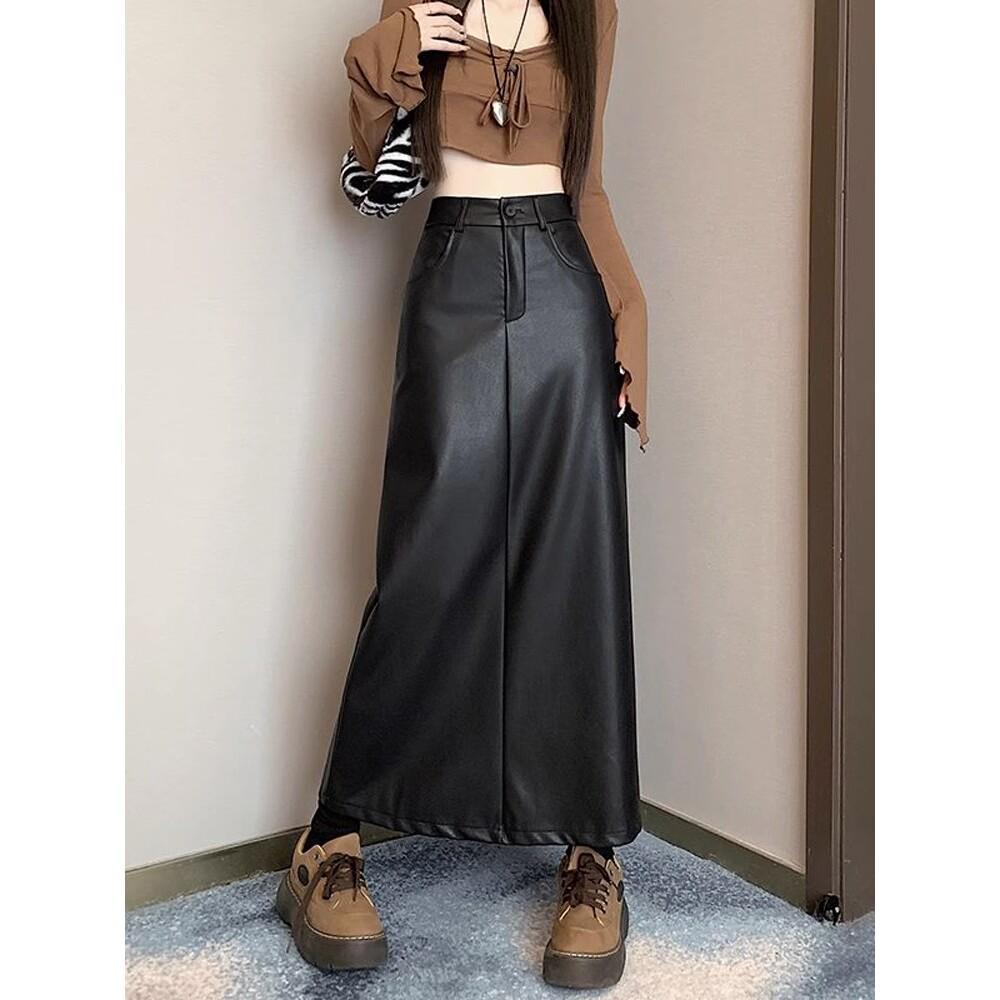 Plus Size High Waist PU Leather Midi Skirt - Retro A-Line Pencil Design with Slit for Women, Autumn/Winter Collection