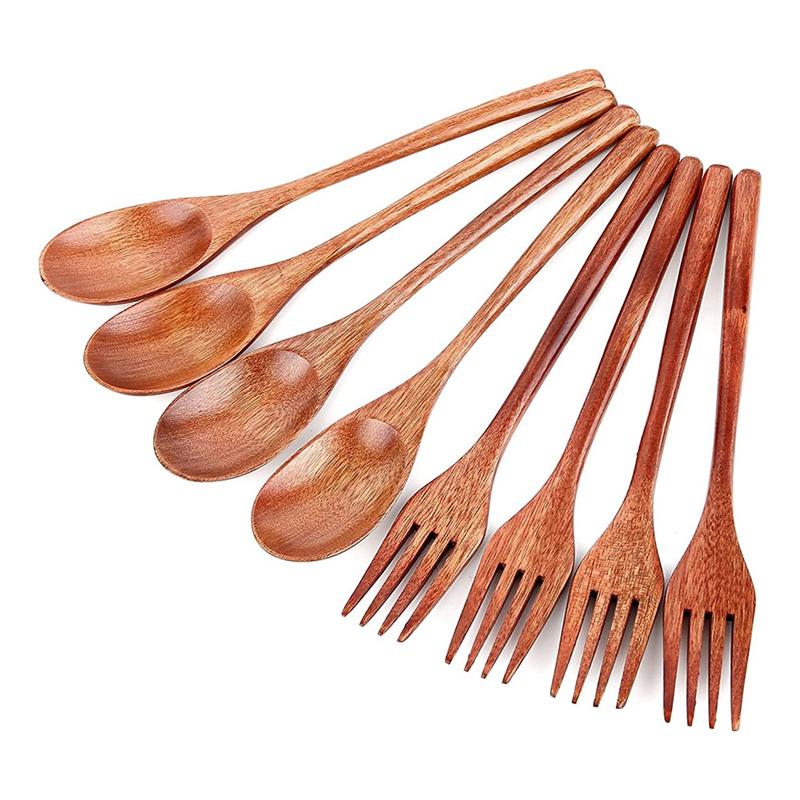 Premium-8Pcs Wooden Spoons Forks Set, Japanese Style Wooden Utensil Set, Handmade Kitchen Spoon, Reusable Travel Flatware Set