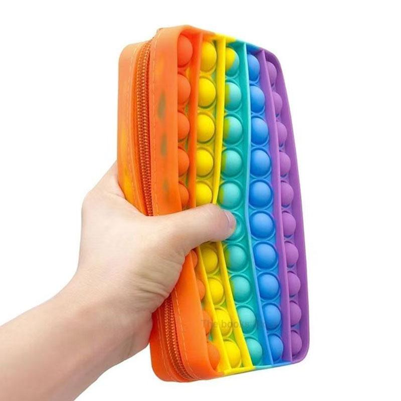 Toys Rainbow Push Bubble Pencil Case Silicone Stationery Storage Bag ADHD Sensory Fidget For Decompression Gifts Kids Boys Girls