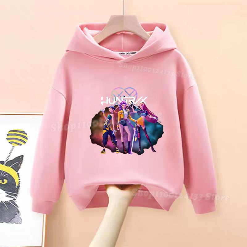 Demone Hunter Girl's Pink Hooded Streetwear Autumn Cute Anime Baby Pullover Kids Y2K Kawaii Long Sleeved T-shirt Casual Clothes