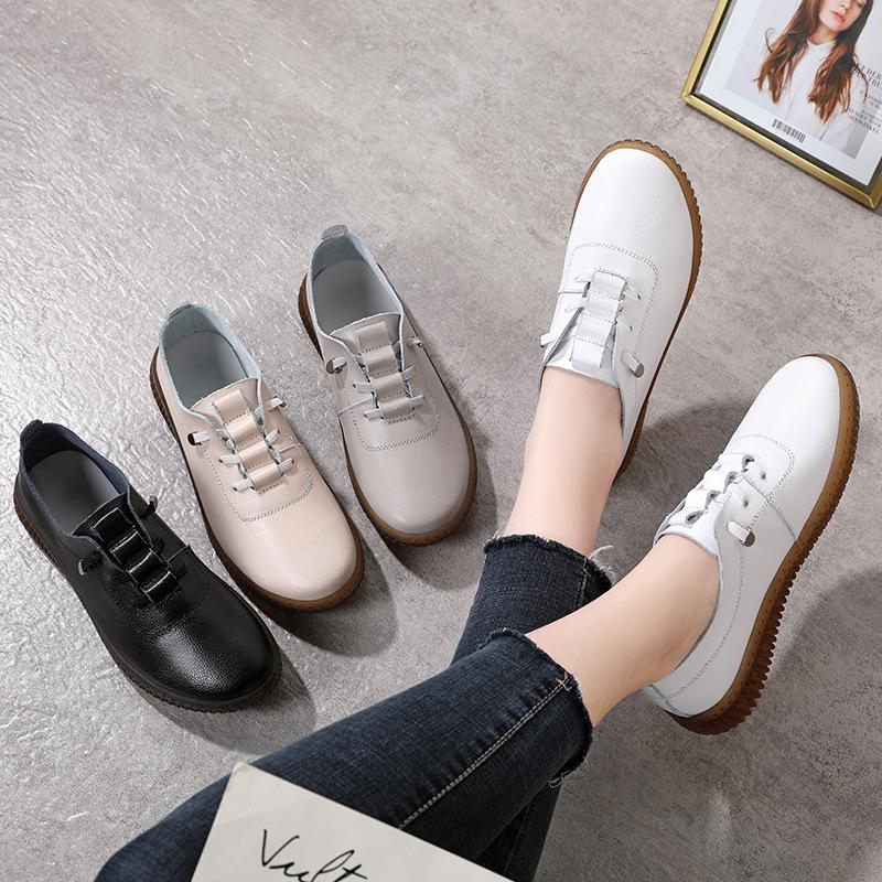 Women's Casual Shoes 2025 Spring and Autumn Cowhide Comfortable Soft Sole Flat Bottom Mom Single Shoe with Plush Casual Shoes