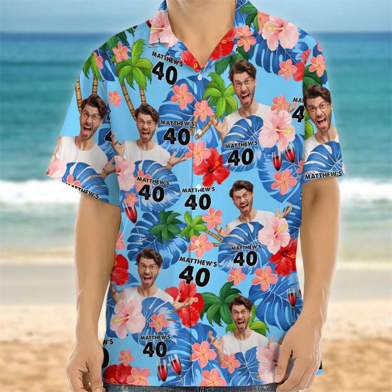 Men's Personalized 2026 Summer Hawaiian Shirt With Custom Birthday Photo, 3D Printed Tropical Plants Button Down Short Sleeve
