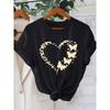 New Leopard Print Heart and Butterfly Pattern Printed T-Shirt, Casual Round Neck Short-Sleeved Elegant Top,