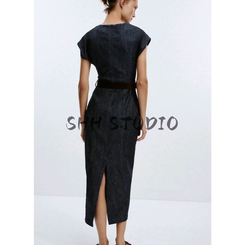 Autumn New Women clothes Minimalist round Neck Back Slit Slim fit With Belt Midi Dress 3564154
