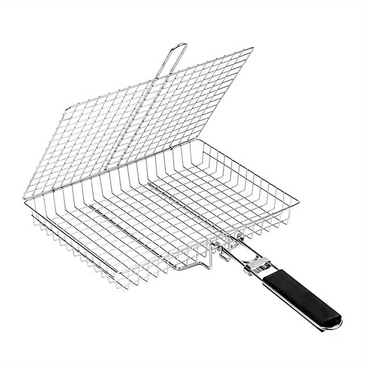 Stainless Steel Folding Handle BBQ Grill Clip for Fish, Meat & Vegetables