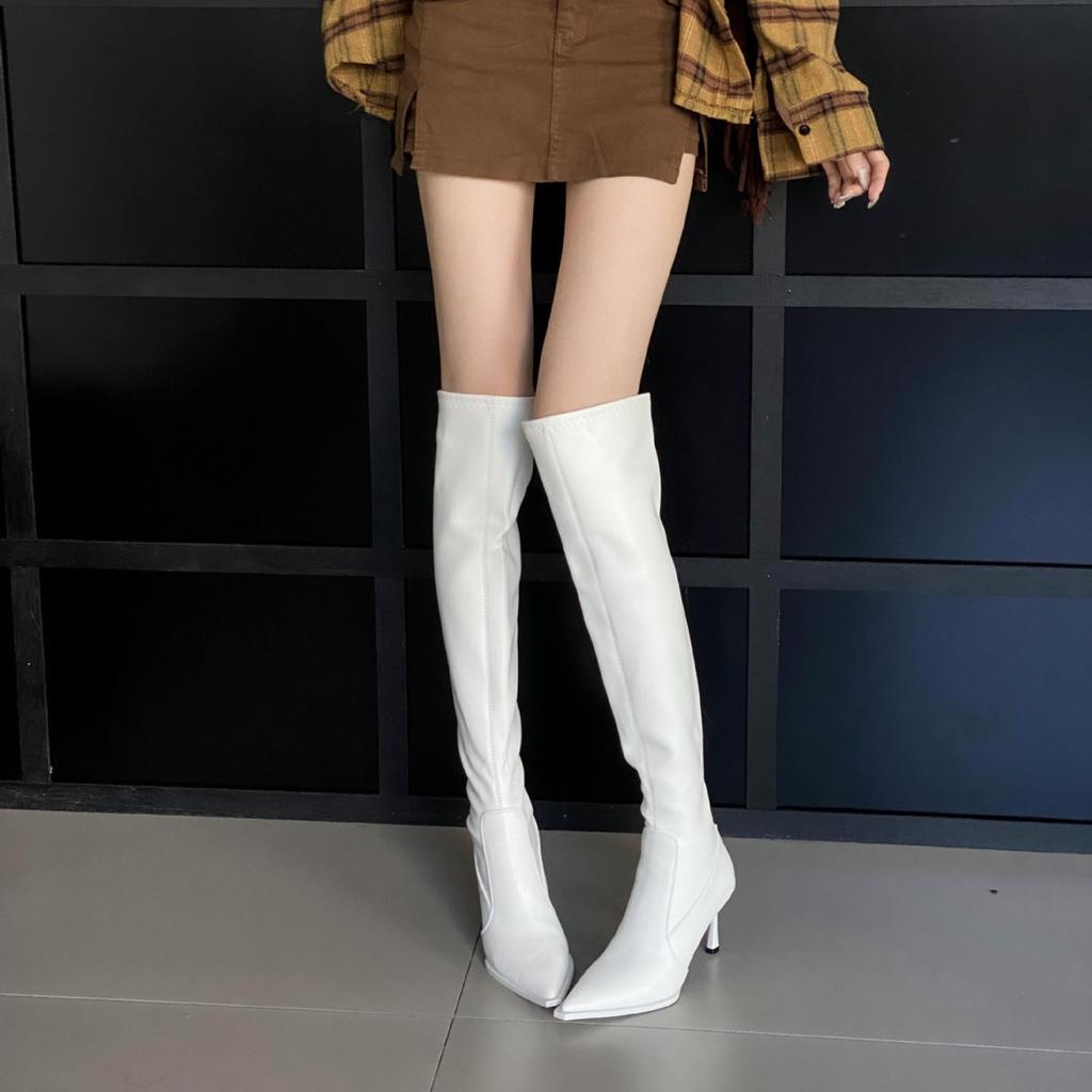 Over-knee boots women's 2025 autumn and winter new pointed thin heel Korean version versatile high heel elastic thin boots white boots