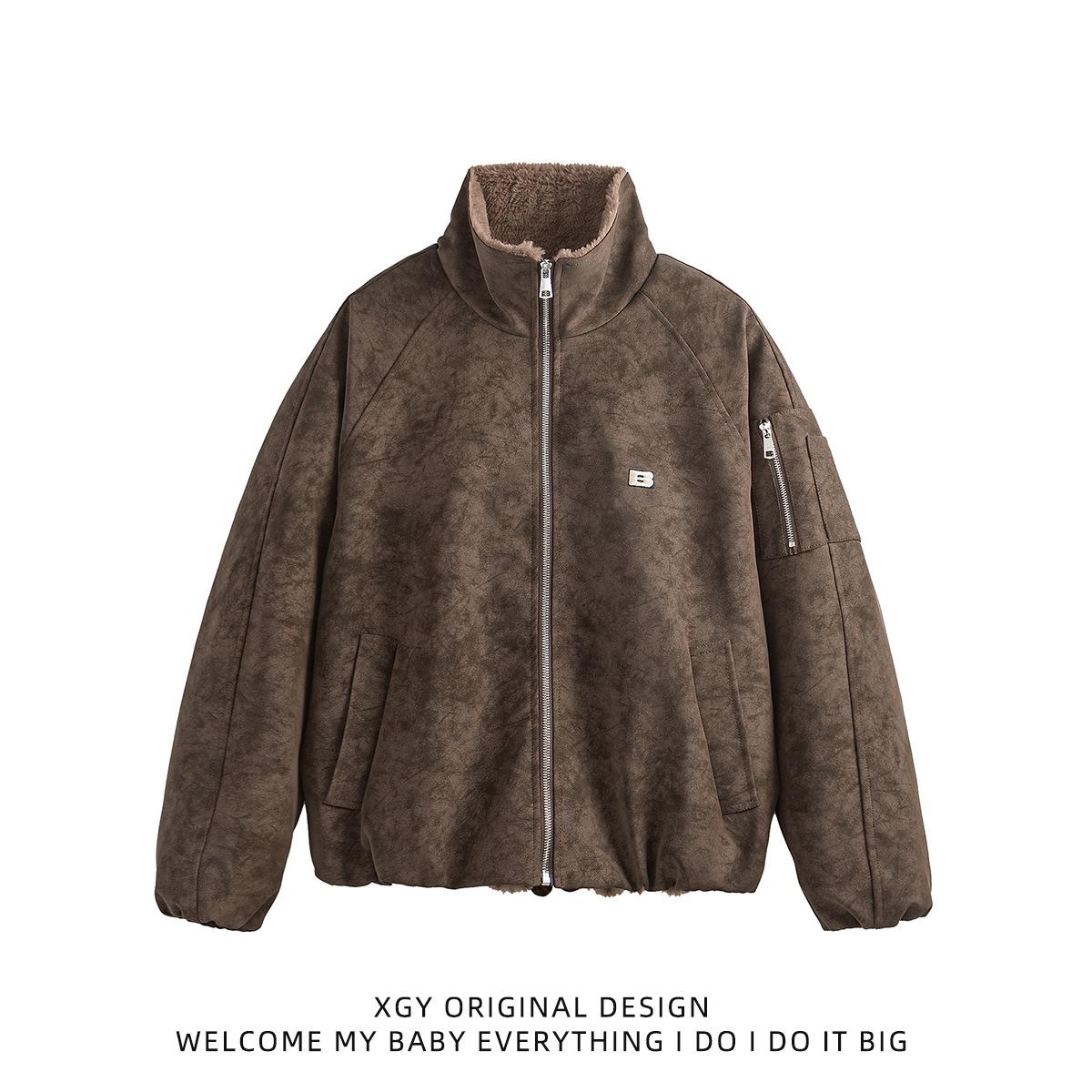 

Men s Trendy American-Style Faux Rabbit Fur PU Leather Jacket - Stand Collar, Casual Winter Workwear, Thick & Warm Medium коричневий