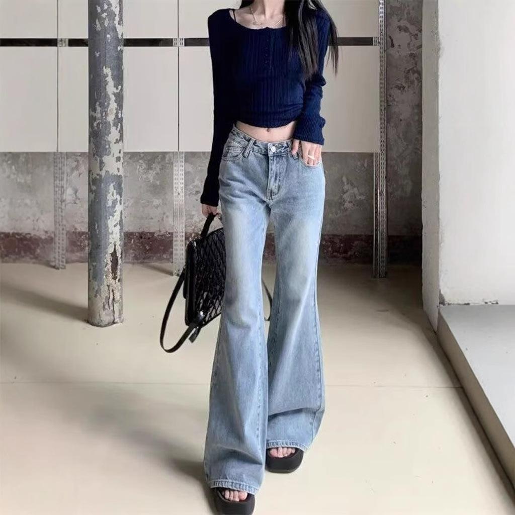 Comfortable Light Blue High Waisted Jeans Women Slim Large Size Slim Micro Flare Straight Pants Long Pants Jeans for Women Long Denim Pants