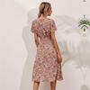 Summer Floral Print V Neck Women Casual Dress Long A Line Slim High Waist Short Sleeve Dress Fall Sizes S To XL