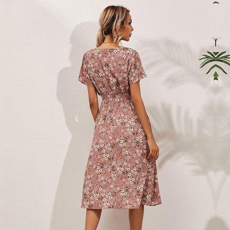 Summer Floral Print V Neck Women Casual Dress Long A Line Slim High Waist Short Sleeve Dress Fall Sizes S To XL