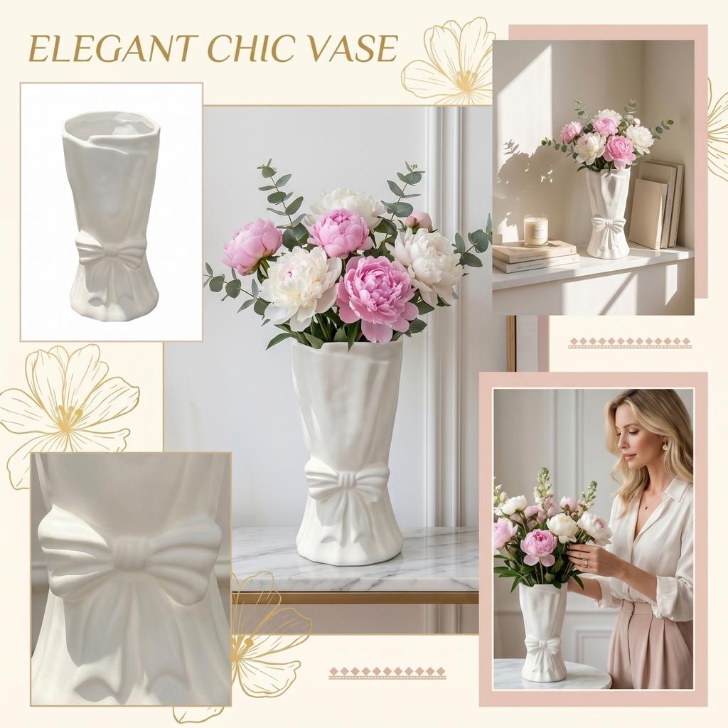 Creative Bowknot Vase Decorative Tabletop Ornament Ceramic Flower Vase for Home Office Living Room Modern Design