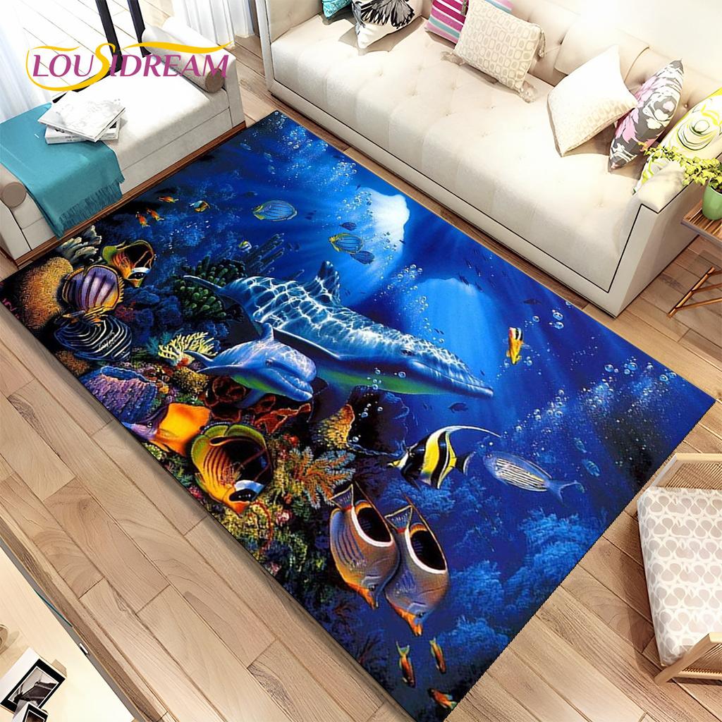 3D-Teppich mit Meeresboden, Unterwasserwelt, Delfin- und Schildkrötenmotiv, Teppich für Wohnzimmer, Schlafzimmer, Sofa, Fußmatte, rutschfeste Bodenmatte für Kinder
