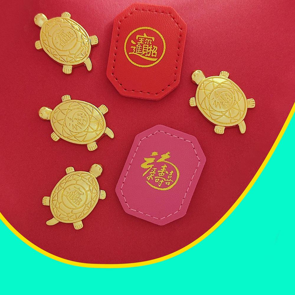 Money Turtle Golden Tortoise Feng Shui Guarding Praying Statue with Red Lucky Leather Case Metal Water Plate Living Wealth
