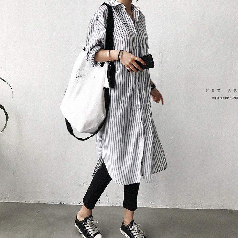 Camicia di media lunghezza da donna Versione coreana del top a maniche lunghe da donna Primavera Blu e Bianco a righe verticali Giacca Camicia da donna Larga