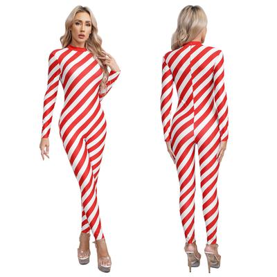 Damen Weihnachts-Zuckerstangen-Bodysuit Kostüm Stehkragen Langarm Rückenreißverschluss Kontrast Unitard Jumpsuit