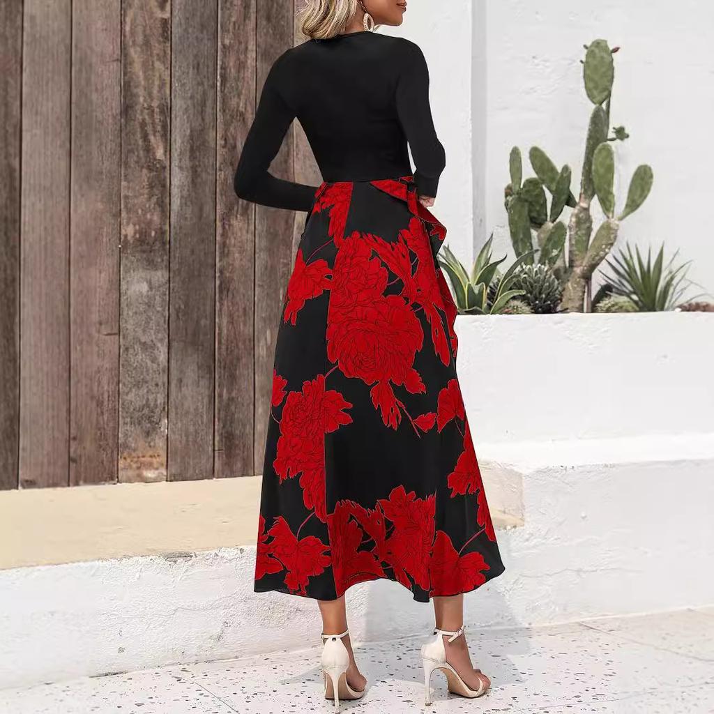 Autumn Women's Dress Fashion Splicing Floral Long Dress Round Neck Long Sleeve Ruffle Dresses