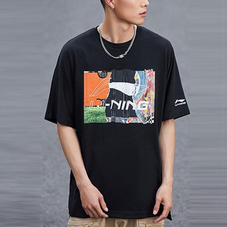 Li-Ning Patterned Letter Print Solid Color Crew Neck T-Shirt Men Tops Black AHSR915-3