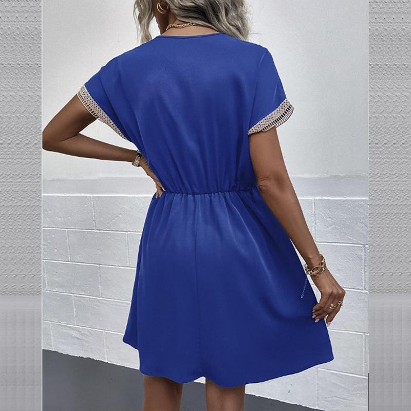 Spring V-Neck Smocked Dress - Lace Trim Short Sleeve Solid