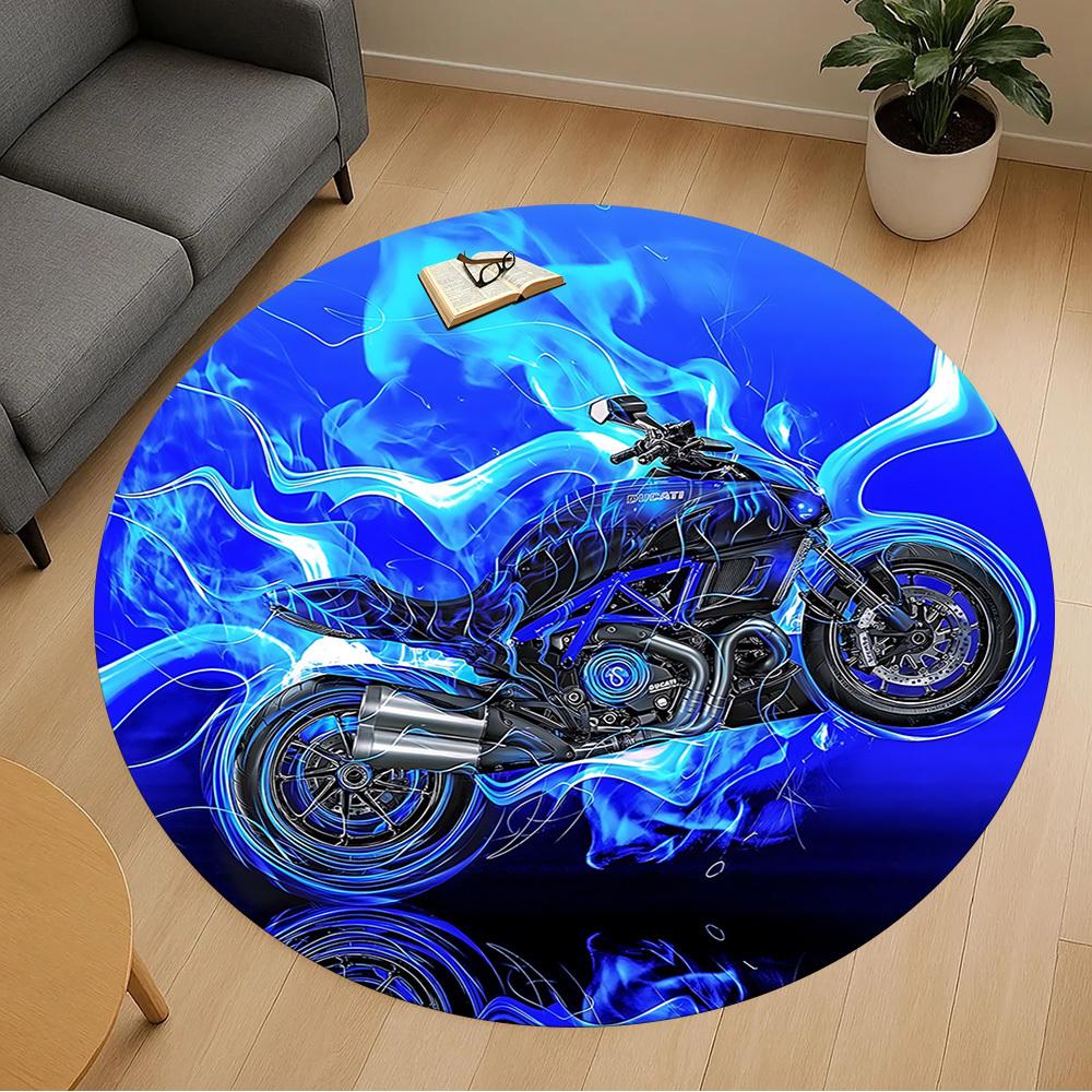 1pc motorcycle blue flames Round Chair mat Area Rug - Non-Slip, Floor Mat for Office, Bedroom, and Indoor Decor c1125270