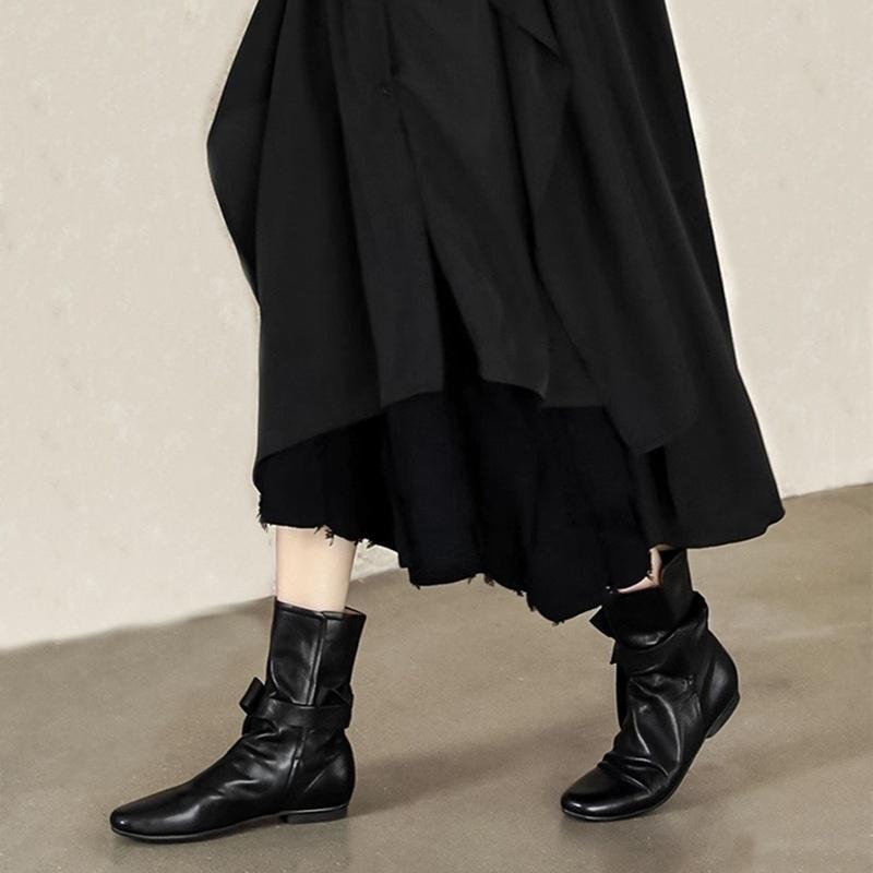 Leather niche polished Martin boots women's autumn and winter Chelsea short boots bow flat-bottomed pleated stacked boots