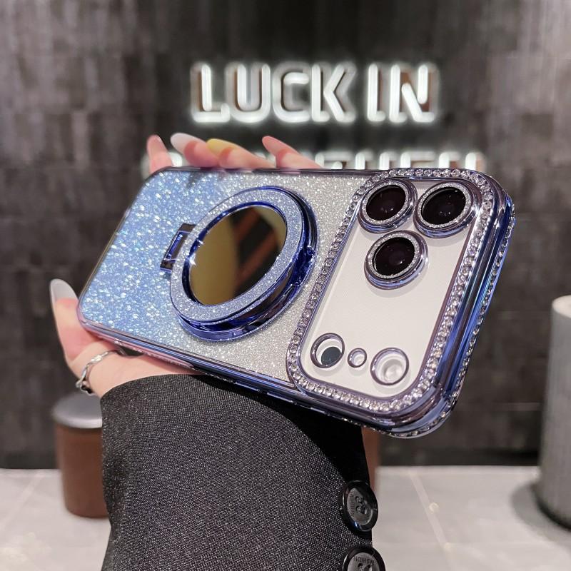 

Diamond Crystal Mirror Stand Case For iPhone 17 16 Pro Max 11 12 13 14 15 Plus Air 16E Glitter Shockproof Plating Cover for iPhone 17
