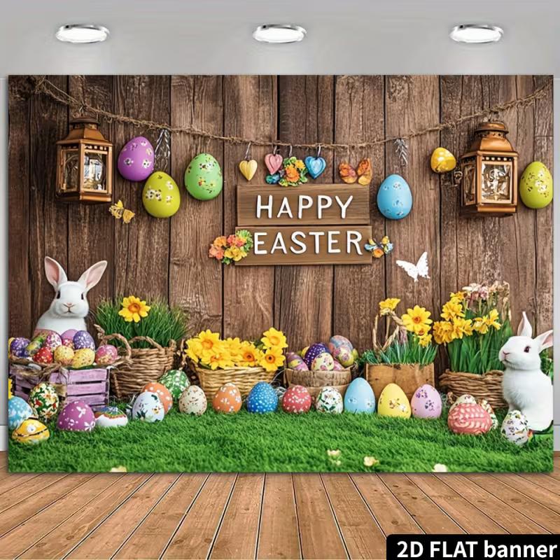 

2D Easter Photo Booth Backdrop, Wooden Wall with Bunnies & Floral Photography Background 47.2x31.5inch/120*80cm