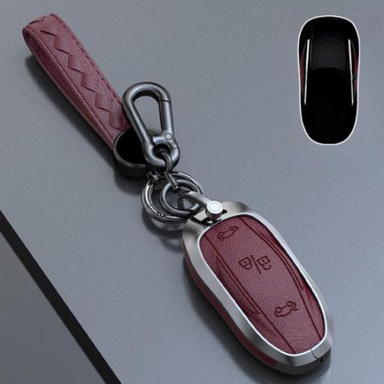 Zinc Alloy Leather Car Remote Key Fob Case Cover Bag For Tesla Model X 2016-2020