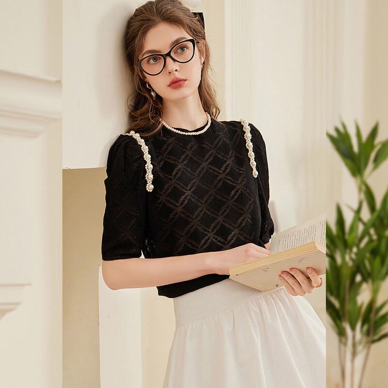 Gentle Beaded Puff Sleeve Wool Blend Knit Top M