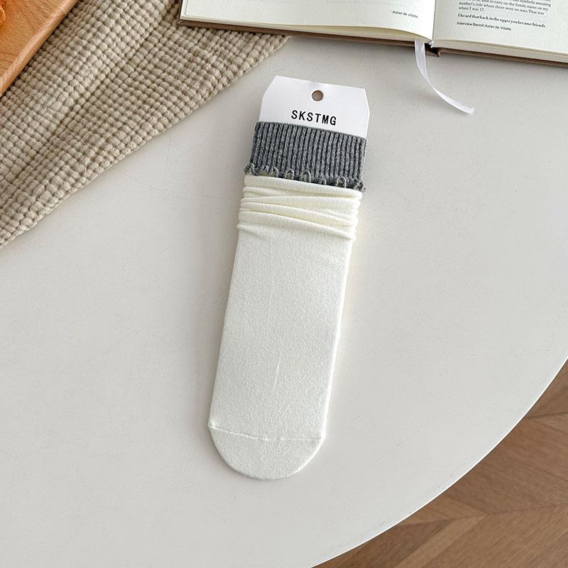 

Korean Style Lettuce Edge Mid-Calf Women s Socks - Color Block Autumn Winter Hepburn Cotton Socks One Size
