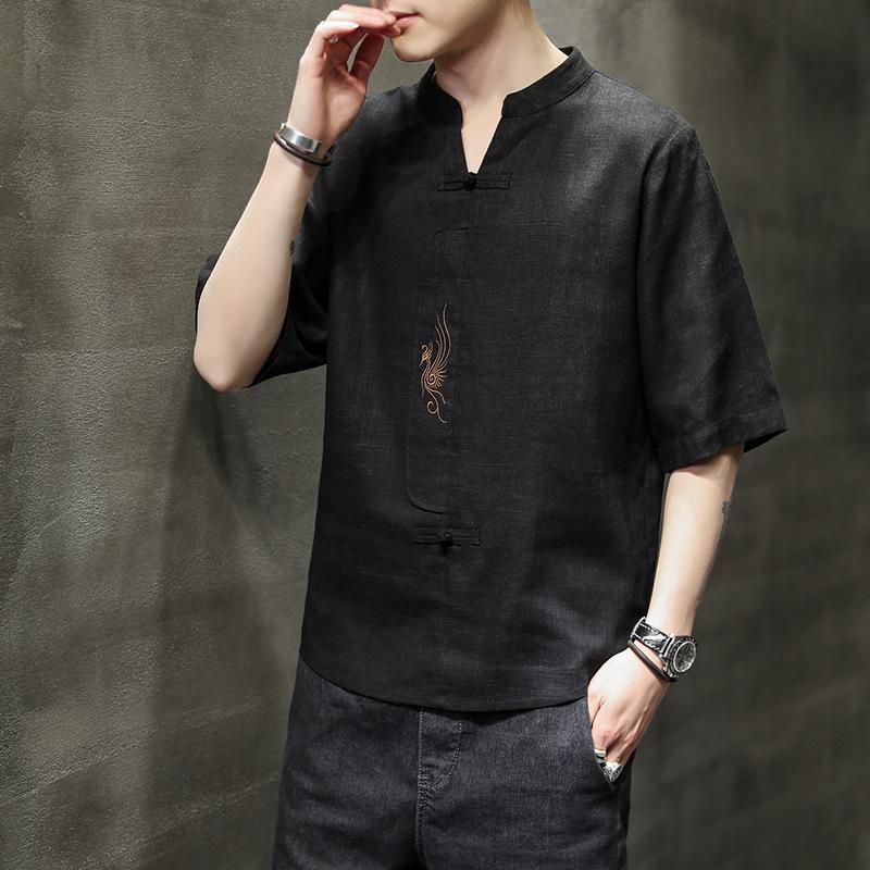 Men's Summer Chinese Style Solid Color Casual Short-sleeved T-shirt Youth Thin V-neck Embroidered Blouse