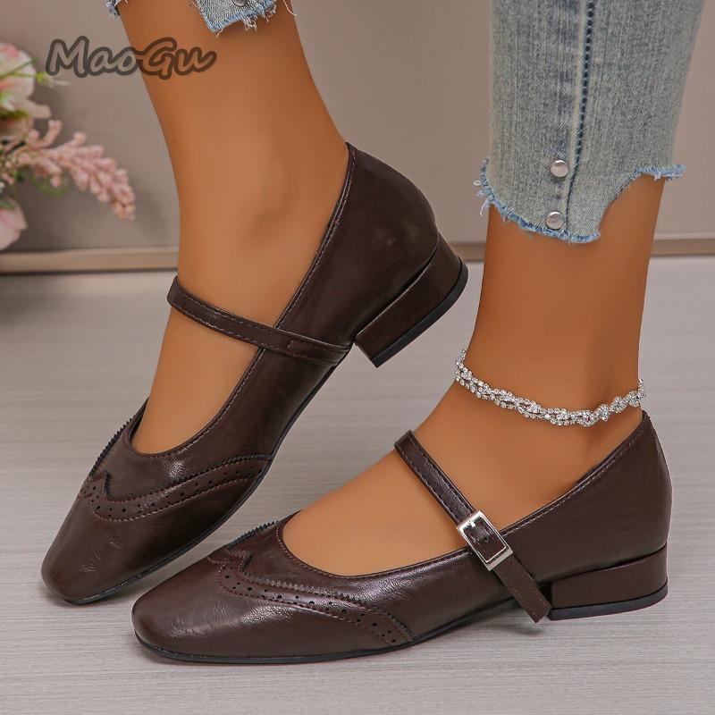 Fashion Size35 43 Mary Janes Shoes Woman 2025 Elegant Square Toe Ankle Strap Ballet Flats Women Comfortable Pumps Casual Single Shoes