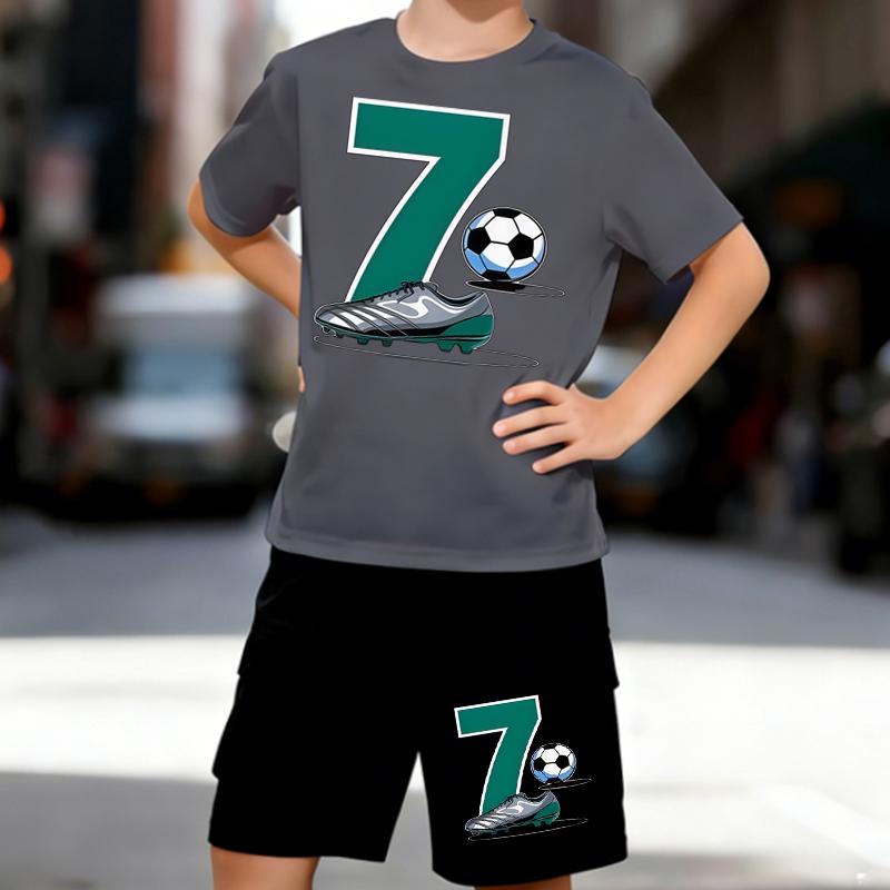 Boys 2 Piece Football-themed printed Outfit, Short Sleeve T-Shirt and Shorts Set for Kids Age 5-14, Black and White Sporty Casual Summer Clothes