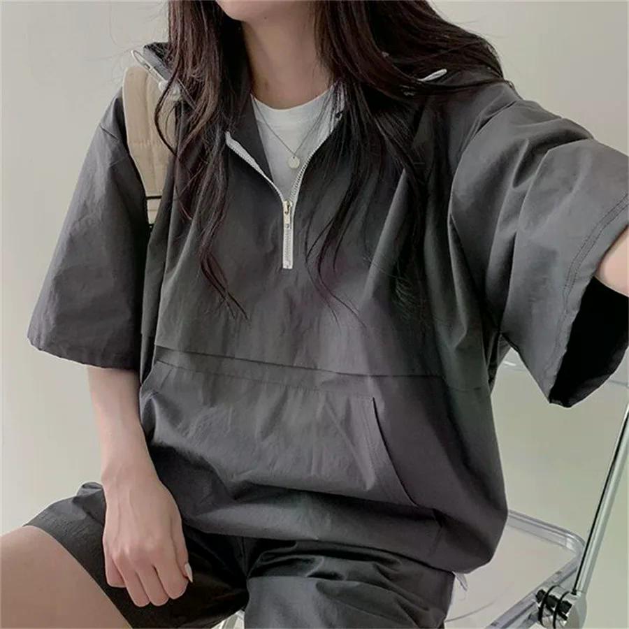 Women's 2 Pieces Sets Sweat Suit Summer Shorts T-shirt Hooded Loose Sports Tracksuit Training Bottom Suit Korean Style